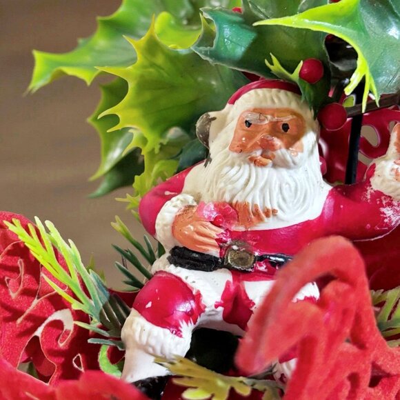 Vintage Flocked Santa Sleigh Centerpiece | 1950s Christmas Decor | Plastic Santa - Picture 3 of 5